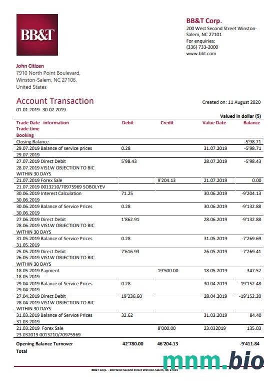 USA North Carolina BB & T Corp. szablon wyciągu bankowego w formacie Word i PDF (2 strony)